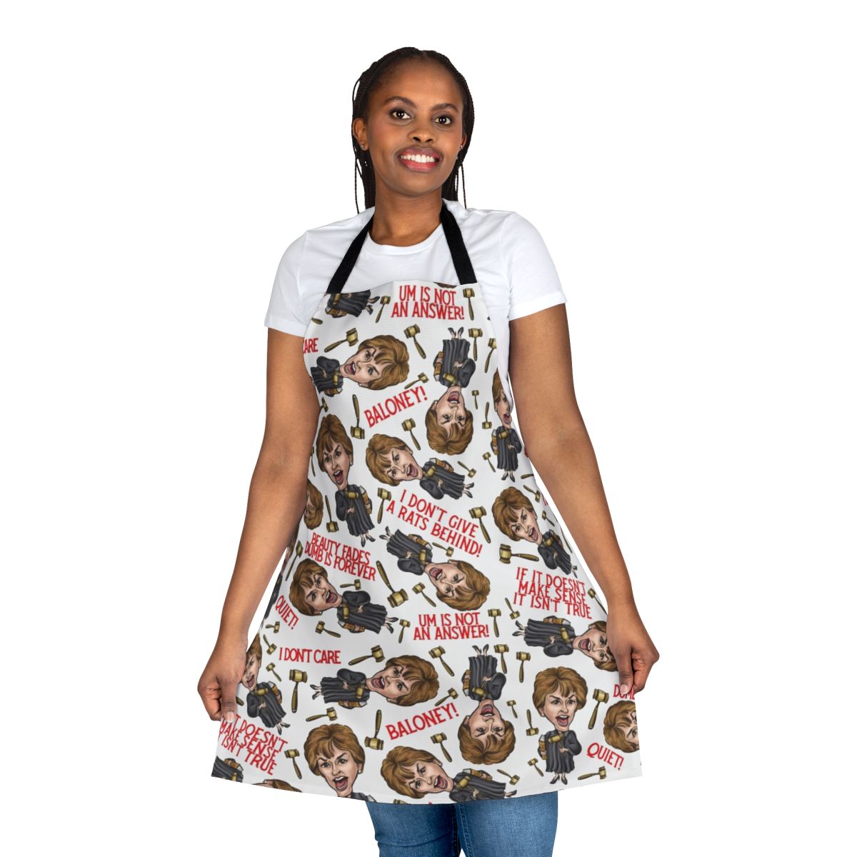 Judge Judy-inspired apron with a stylized print featuring the iconic TV personality