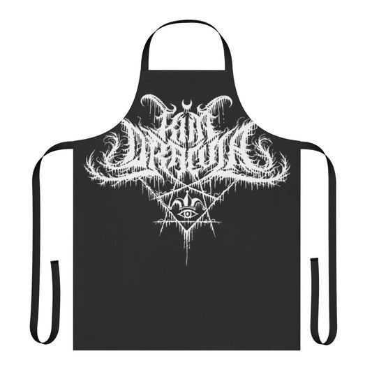 A black and white apron featuring a bold, pop art-inspired Kim Dracula logo design