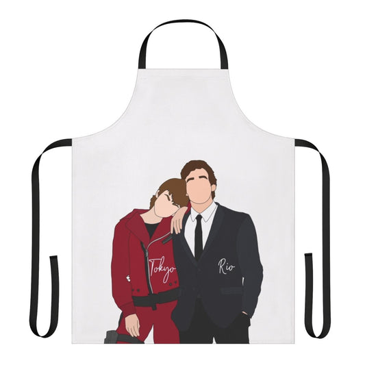 Money Heist-inspired apron featuring Tokyo and Rio from the popular Netflix series