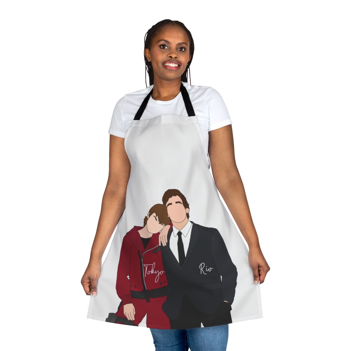 Money Heist-inspired apron featuring Tokyo and Rio from the popular Netflix series