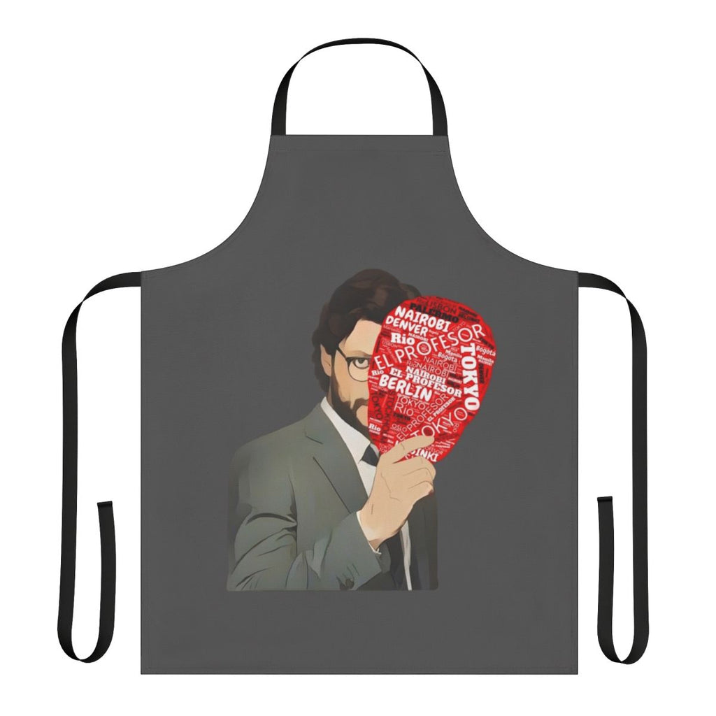 A stylish apron featuring the iconic The Professor mask from the hit TV series Money Heist.