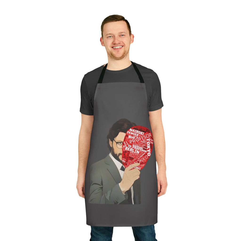 A stylish apron featuring the iconic The Professor mask from the hit TV series Money Heist.