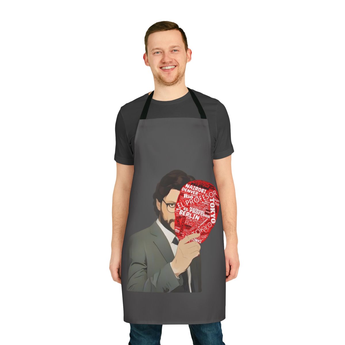 A stylish apron featuring the iconic The Professor mask from the hit TV series Money Heist.