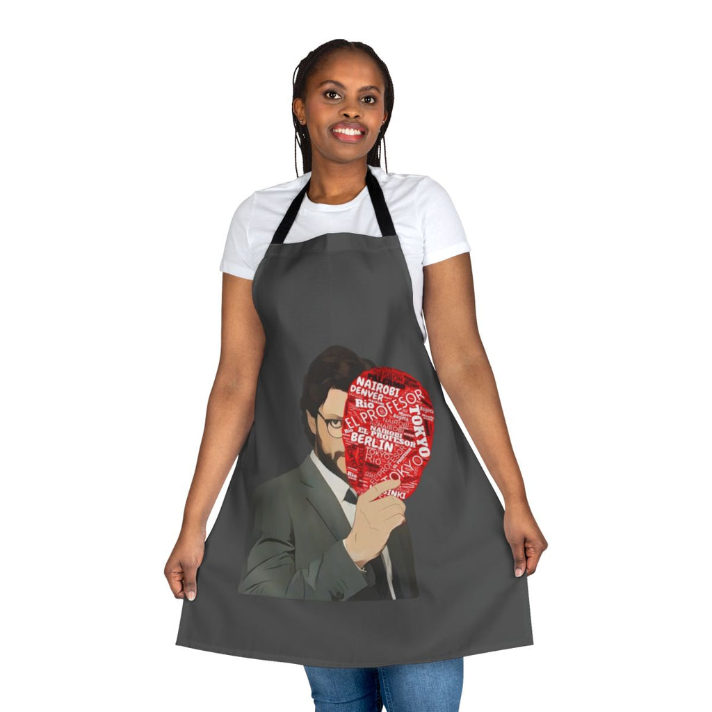 A stylish apron featuring the iconic The Professor mask from the hit TV series Money Heist.