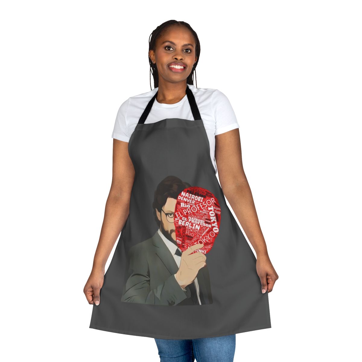 A stylish apron featuring the iconic The Professor mask from the hit TV series Money Heist.