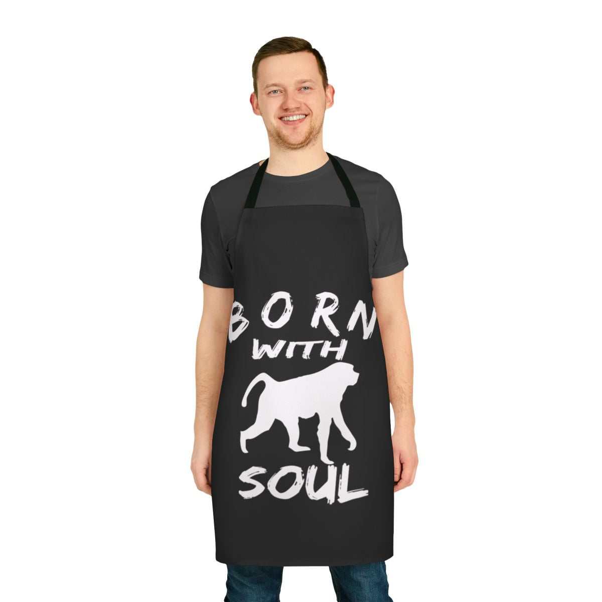 A high-quality apron featuring a playful "Born with Monkey Soul" design, perfect for cooking, crafting, or any messy hobby.