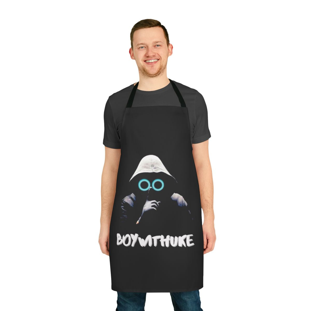Apron featuring the design of a "boy with uke" character, perfect for fans of the musician boywithuke and anime enthusiasts.