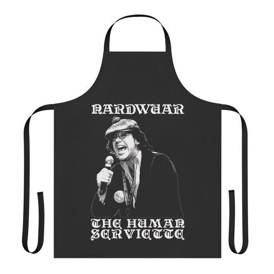 Nardwuar-inspired apron with a playful, retro-style design