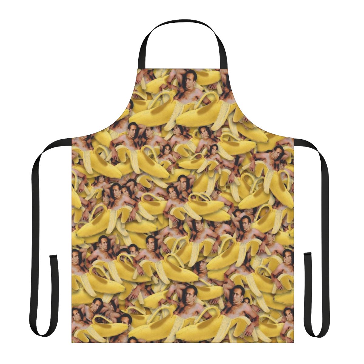 A quirky apron featuring a collage of Nicolas Cage's face on a yellow banana pattern.