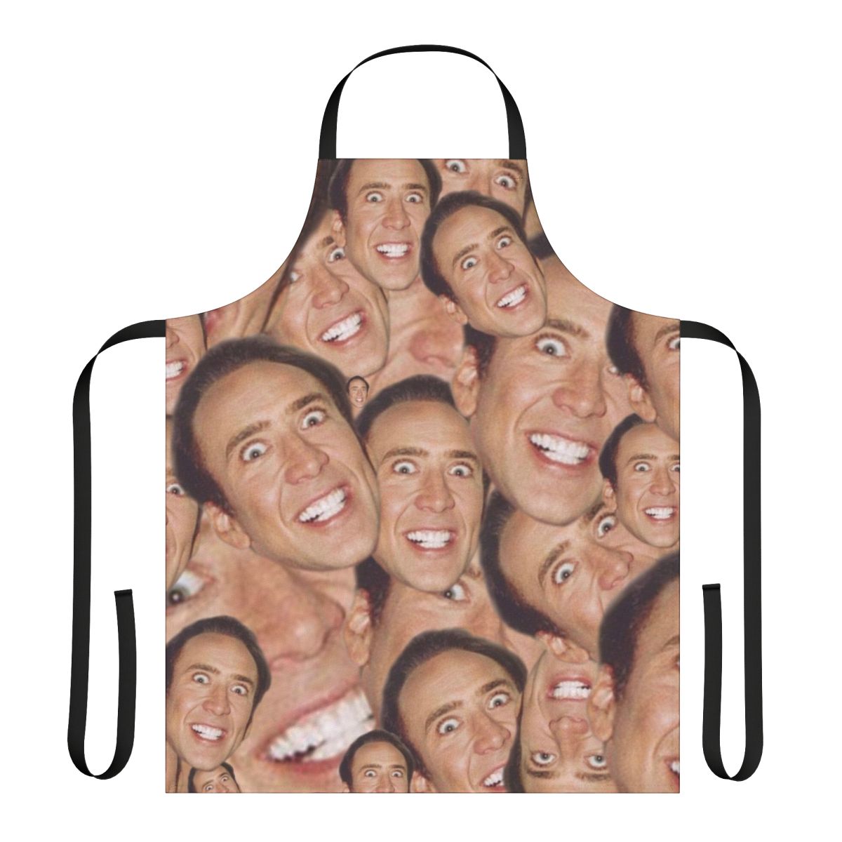 An apron featuring a collage design with the face of actor Nicolas Cage.