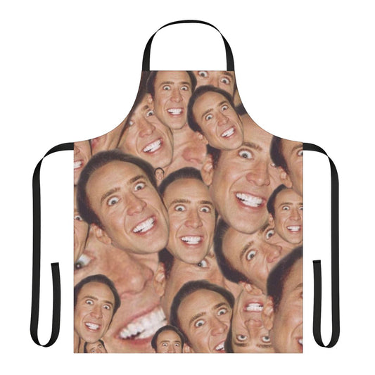 An apron featuring a collage design with the face of actor Nicolas Cage.
