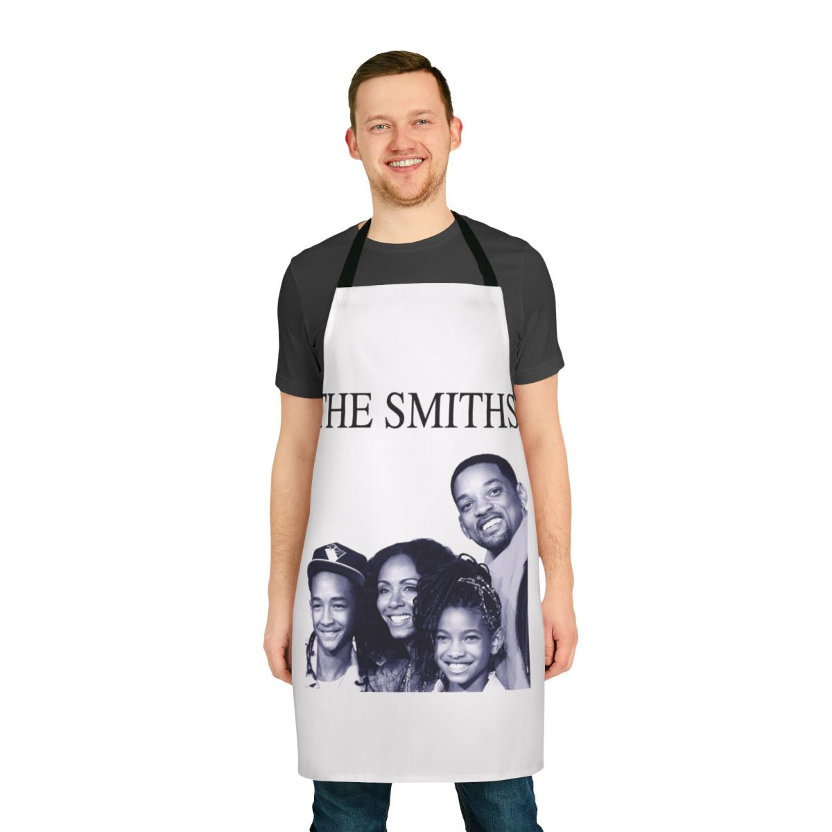 A playful apron featuring a parody design inspired by the artist Will Smith