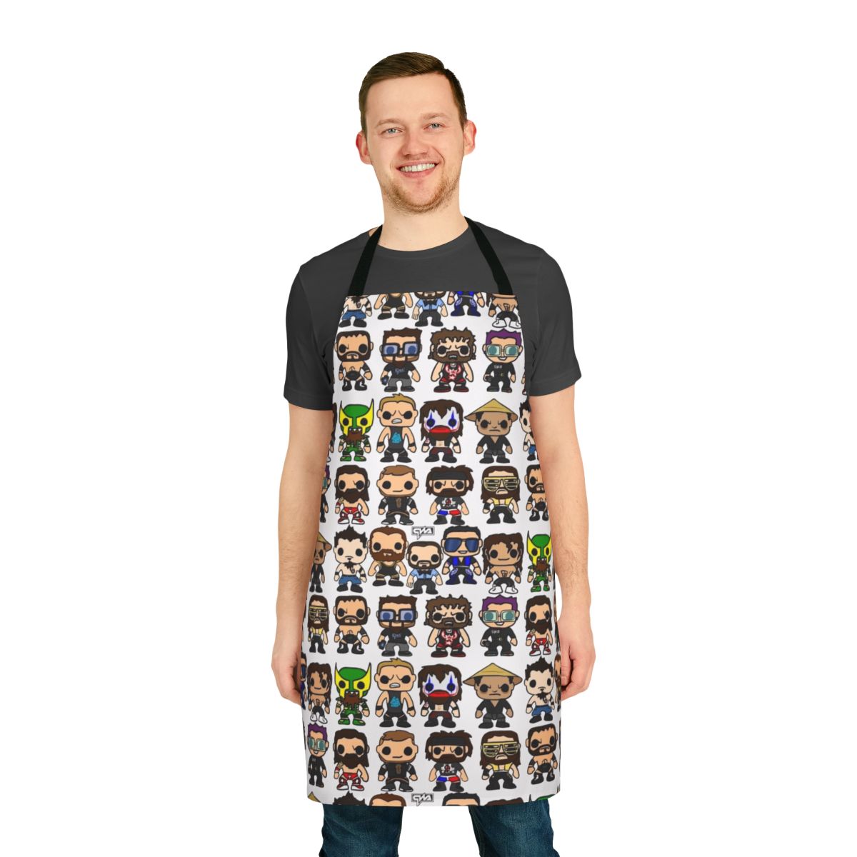 Custom vinyl figure-inspired apron for sports entertainment enthusiasts