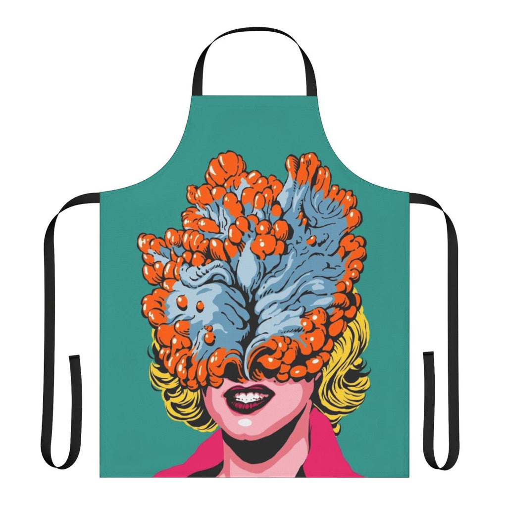 A colorful pop art-inspired apron featuring a fungus or cordyceps design, perfect for the kitchen or cooking enthusiasts.