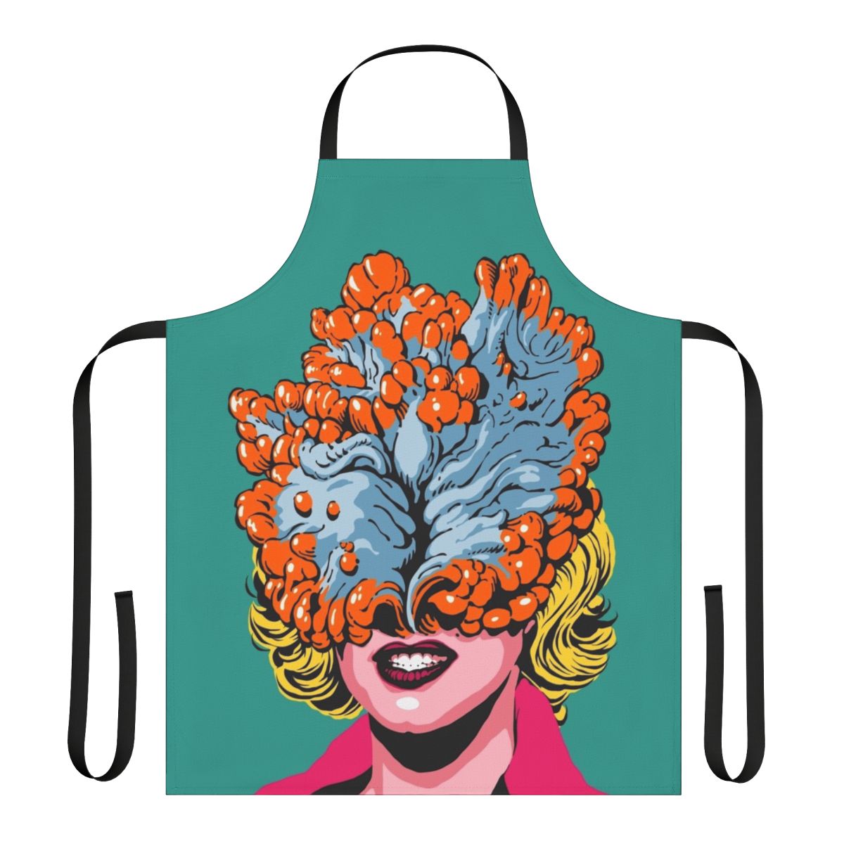A colorful pop art-inspired apron featuring a fungus or cordyceps design, perfect for the kitchen or cooking enthusiasts.