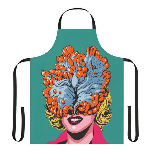 A colorful pop art-inspired apron featuring a fungus or cordyceps design, perfect for the kitchen or cooking enthusiasts.
