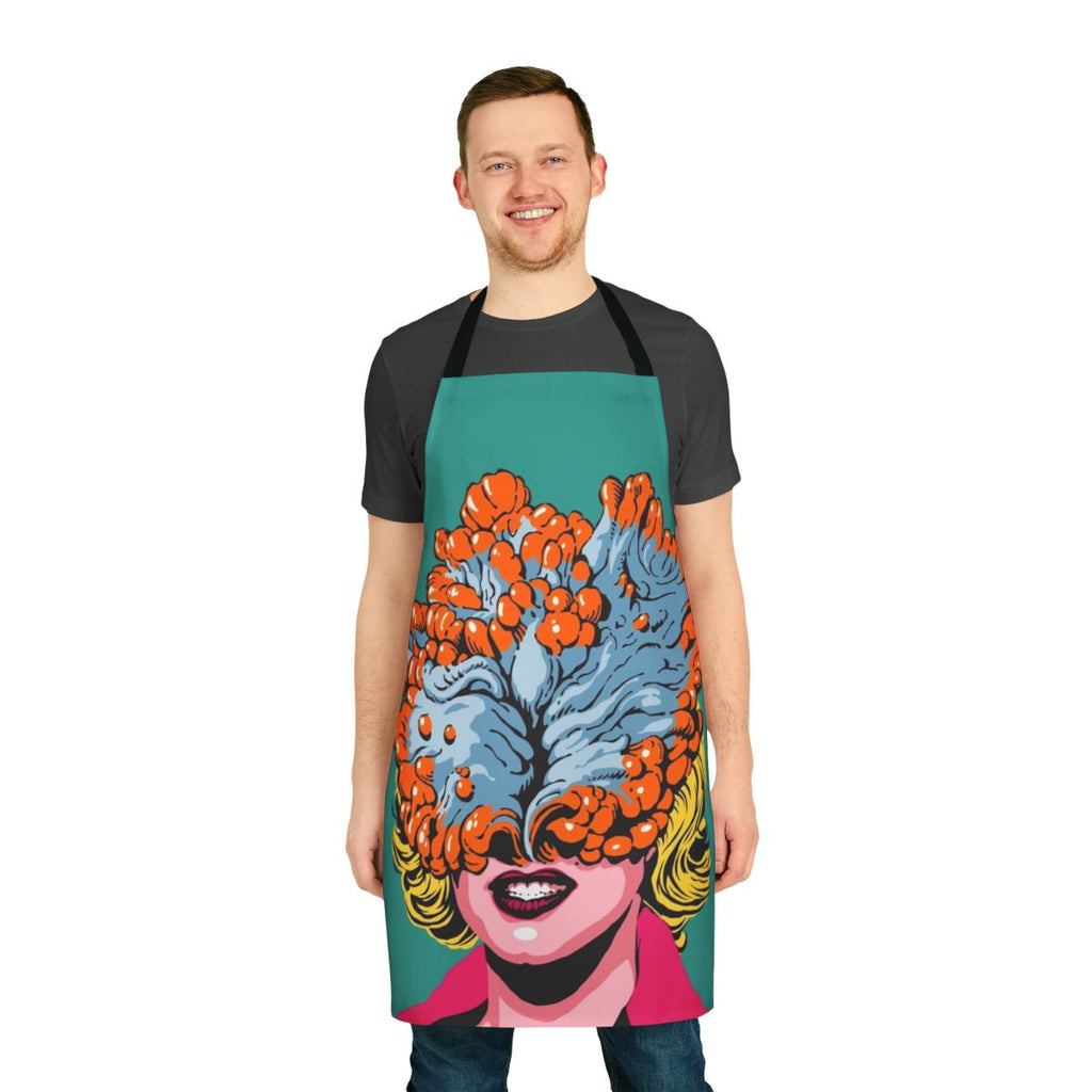 A colorful pop art-inspired apron featuring a fungus or cordyceps design, perfect for the kitchen or cooking enthusiasts.