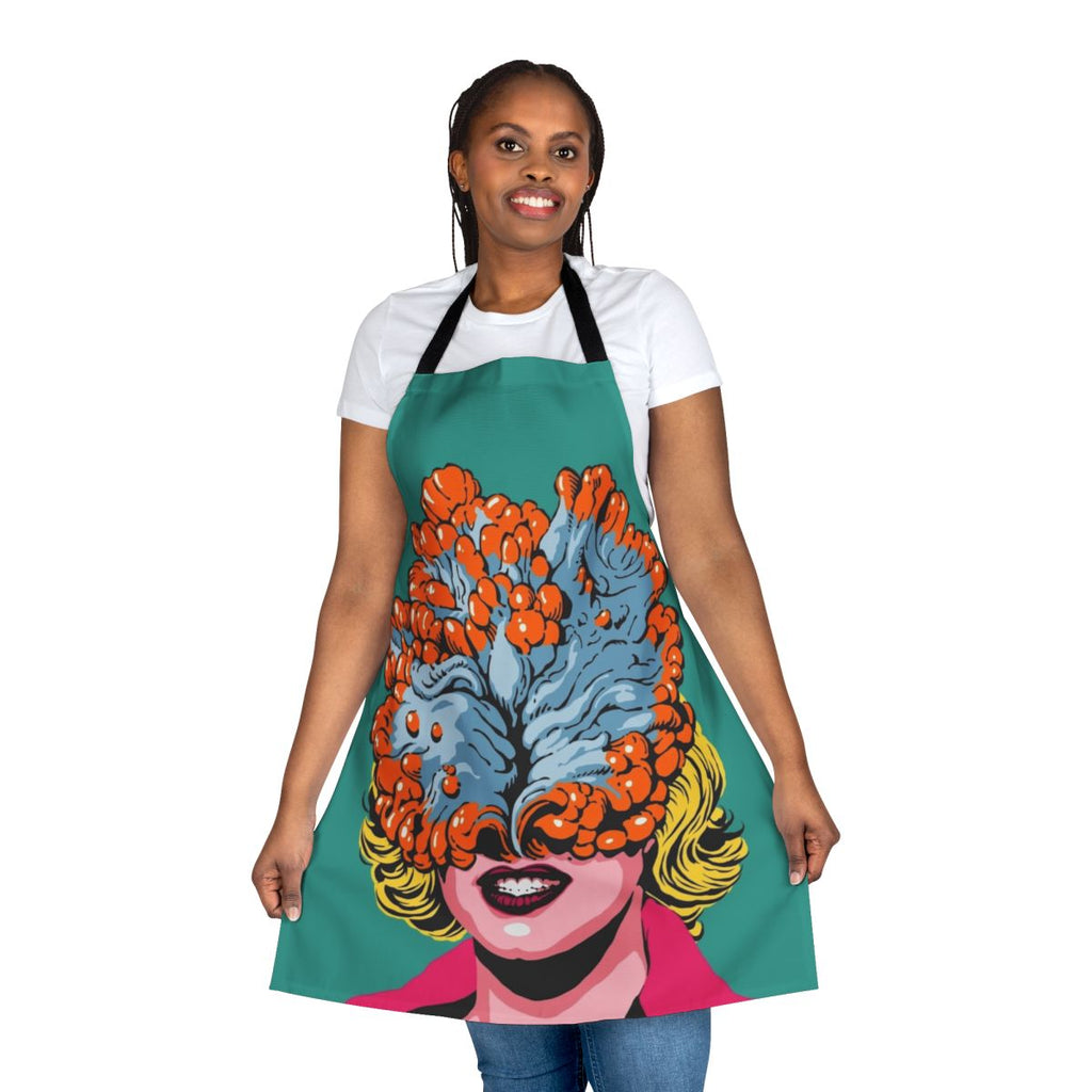 A colorful pop art-inspired apron featuring a fungus or cordyceps design, perfect for the kitchen or cooking enthusiasts.