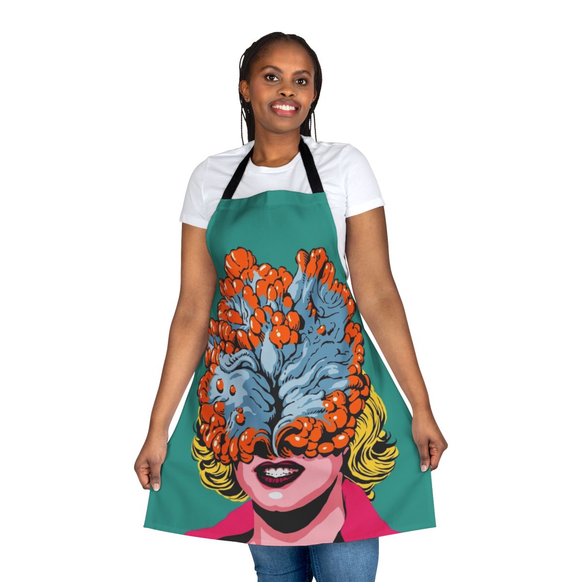 A colorful pop art-inspired apron featuring a fungus or cordyceps design, perfect for the kitchen or cooking enthusiasts.