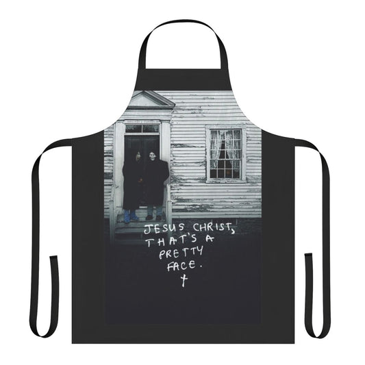 A stylish and unique apron featuring a religious-inspired design with trendy aesthetic elements.
