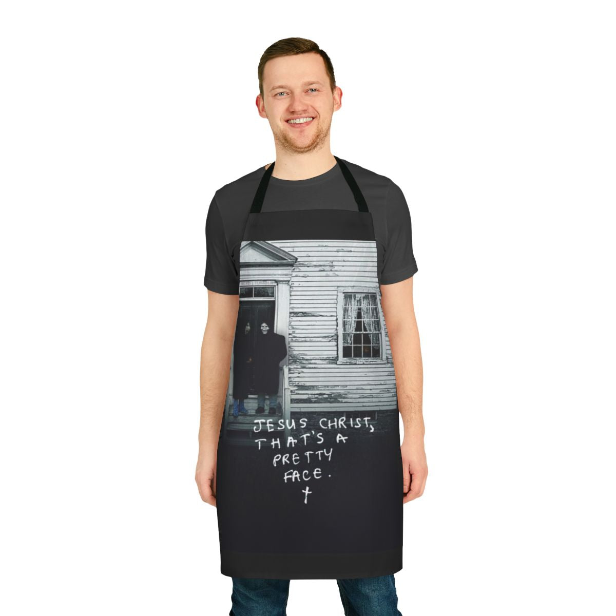 A stylish and unique apron featuring a religious-inspired design with trendy aesthetic elements.