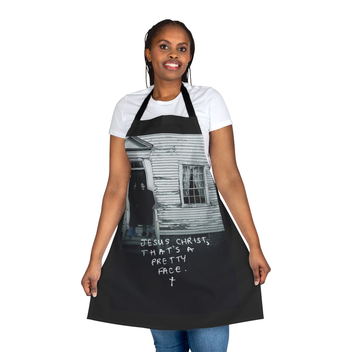 A stylish and unique apron featuring a religious-inspired design with trendy aesthetic elements.