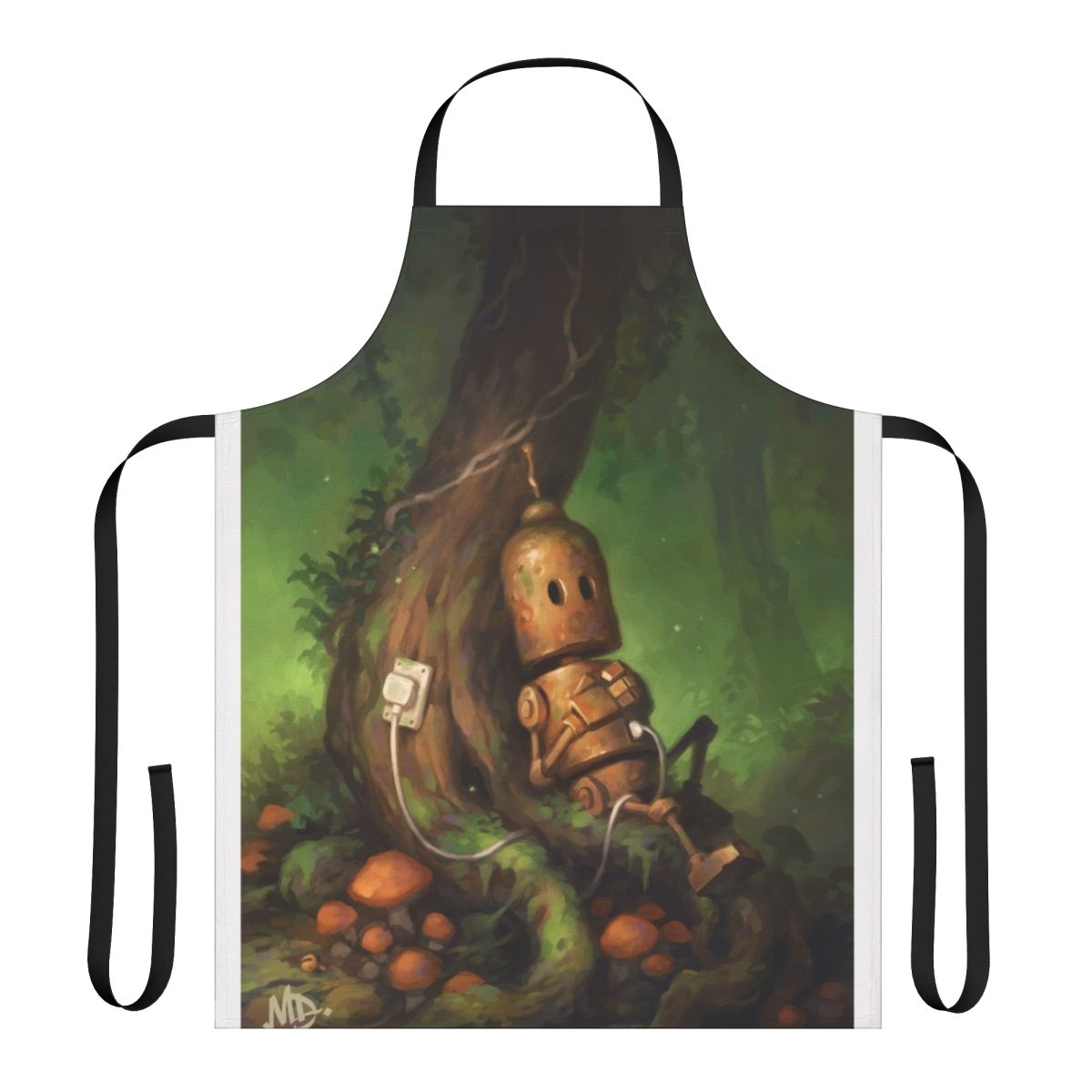 Robotic-themed apron with a nature-inspired design