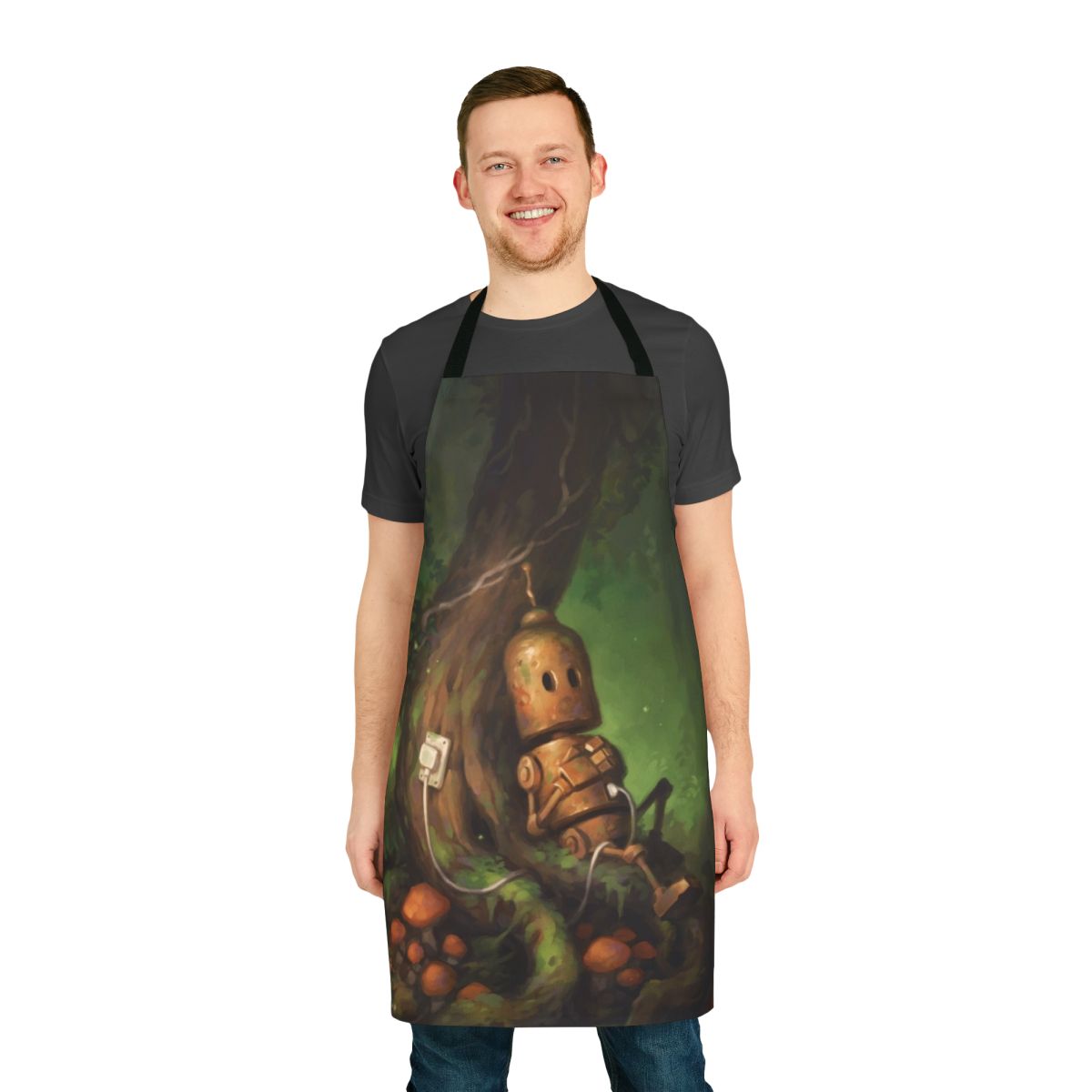 Robotic-themed apron with a nature-inspired design
