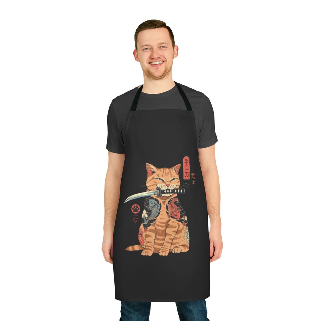 Catana Apron featuring a unique samurai cat design inspired by Japanese art.