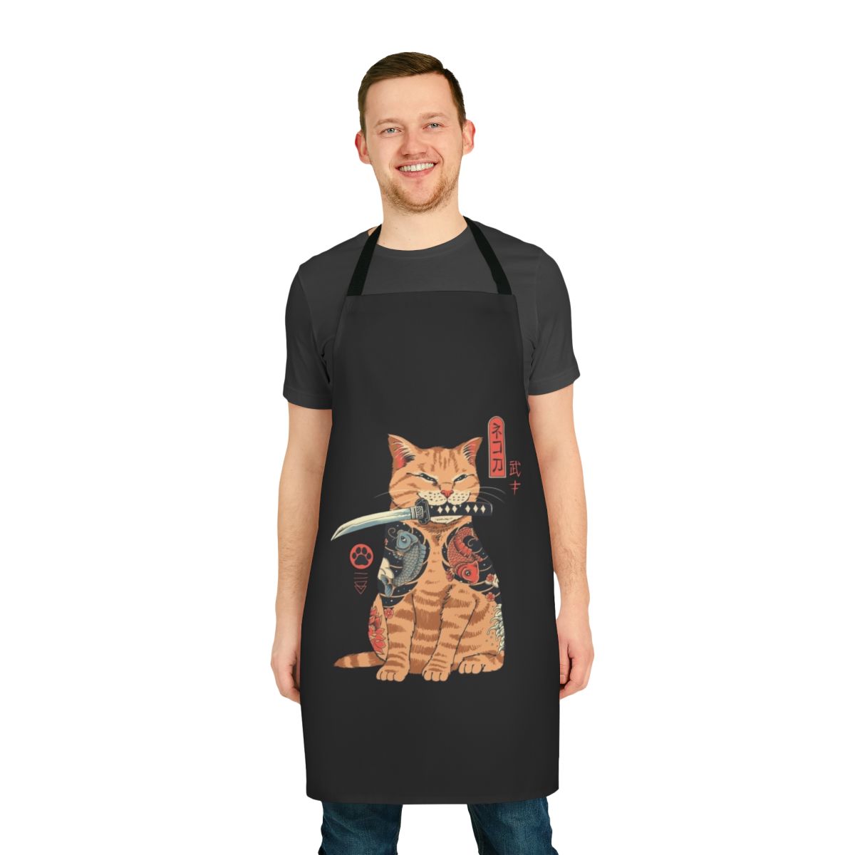 Catana Apron featuring a unique samurai cat design inspired by Japanese art.