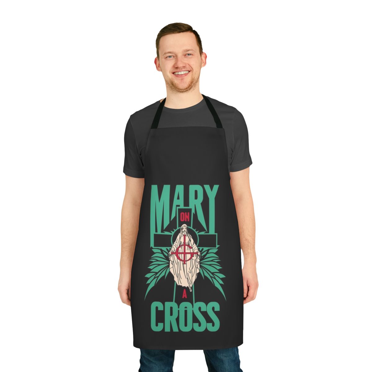 Apron featuring a satanic-inspired design with "Mary on a Cross" imagery, perfect for fans of the band Ghost.