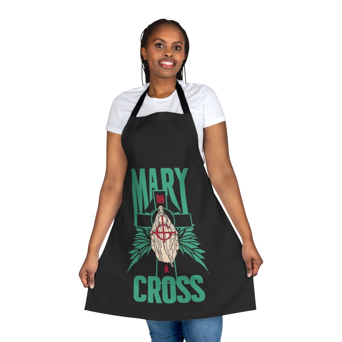 Apron featuring a satanic-inspired design with "Mary on a Cross" imagery, perfect for fans of the band Ghost.