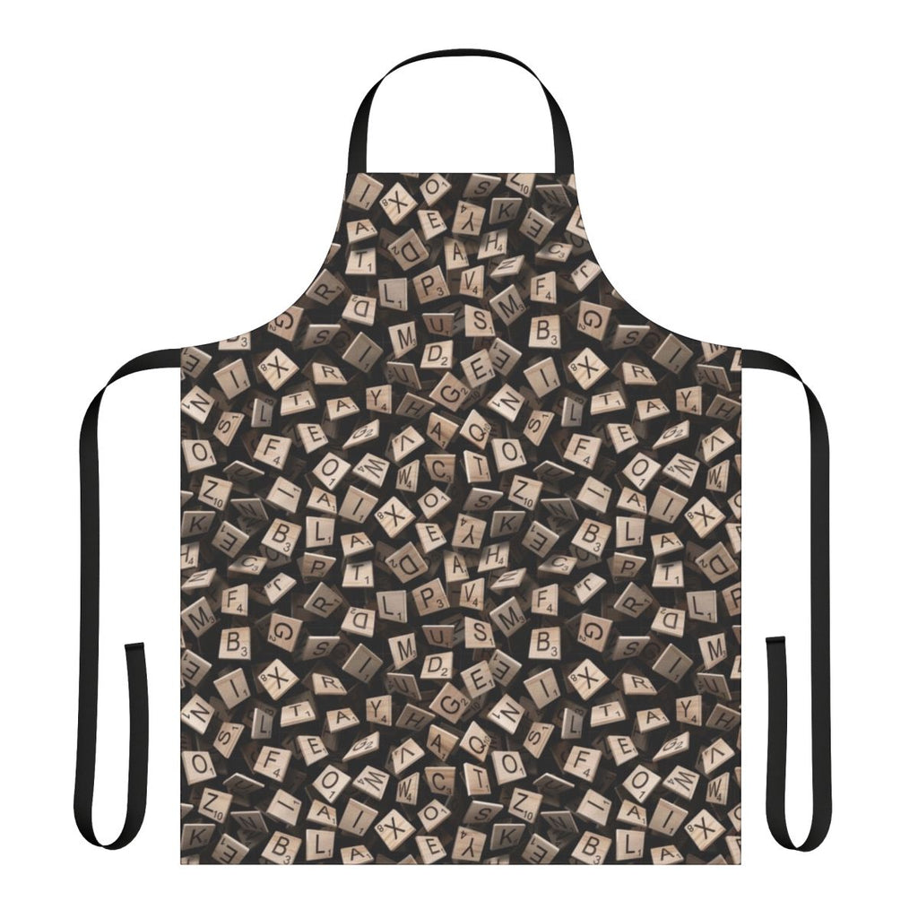Apron featuring a pattern of colorful Scrabble tiles, perfect for word game enthusiasts.