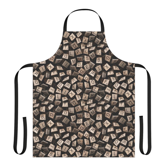 Apron featuring a pattern of colorful Scrabble tiles, perfect for word game enthusiasts.