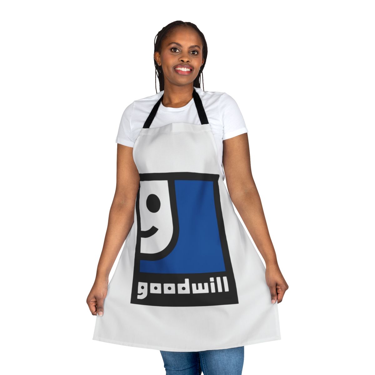 Secondhand apron featuring the Goodwill logo, available for purchase