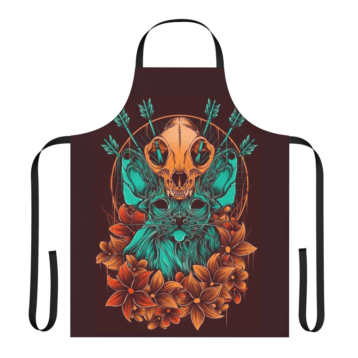 Sphynx cat wearing an apron with a skull design and autumn flowers