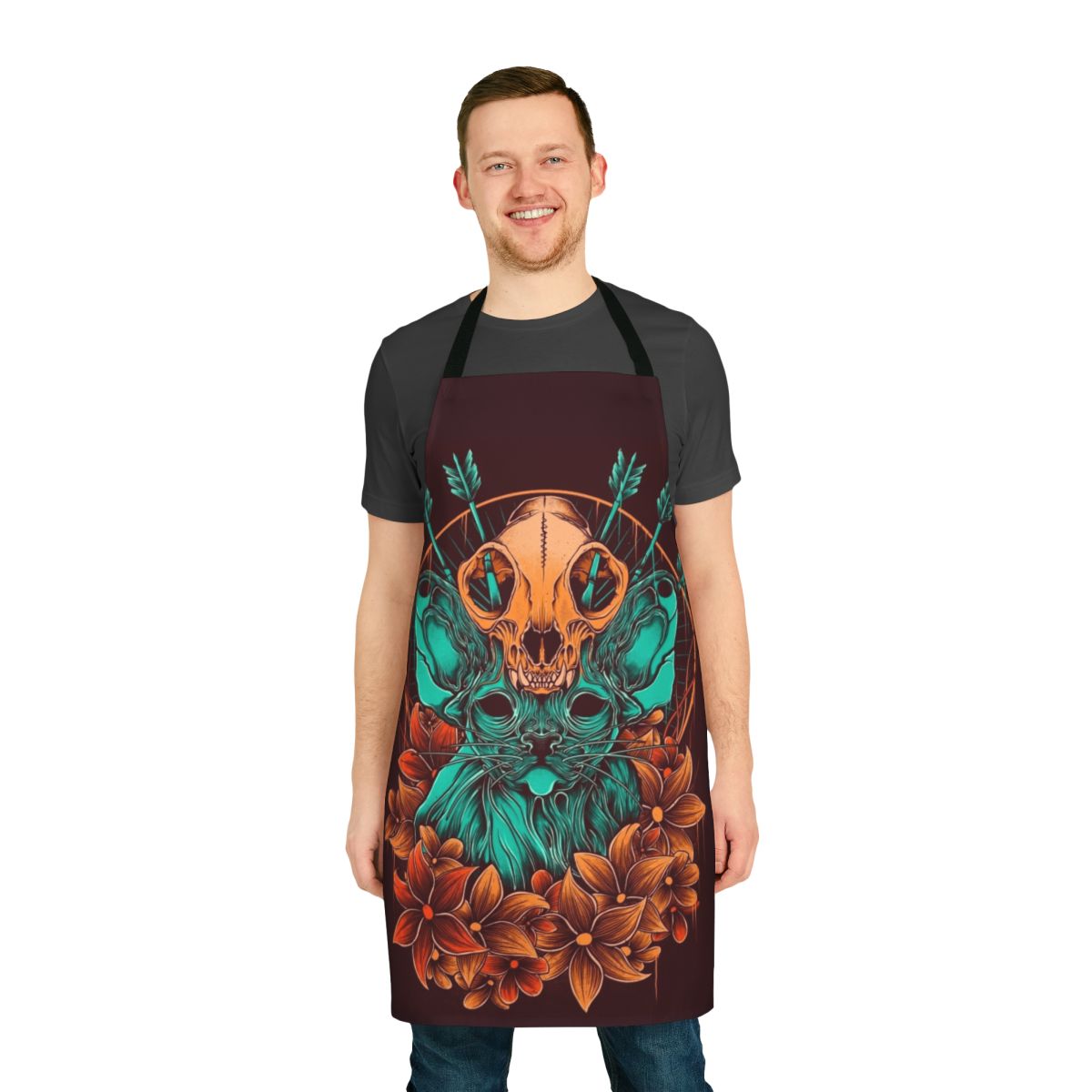 Sphynx cat wearing an apron with a skull design and autumn flowers