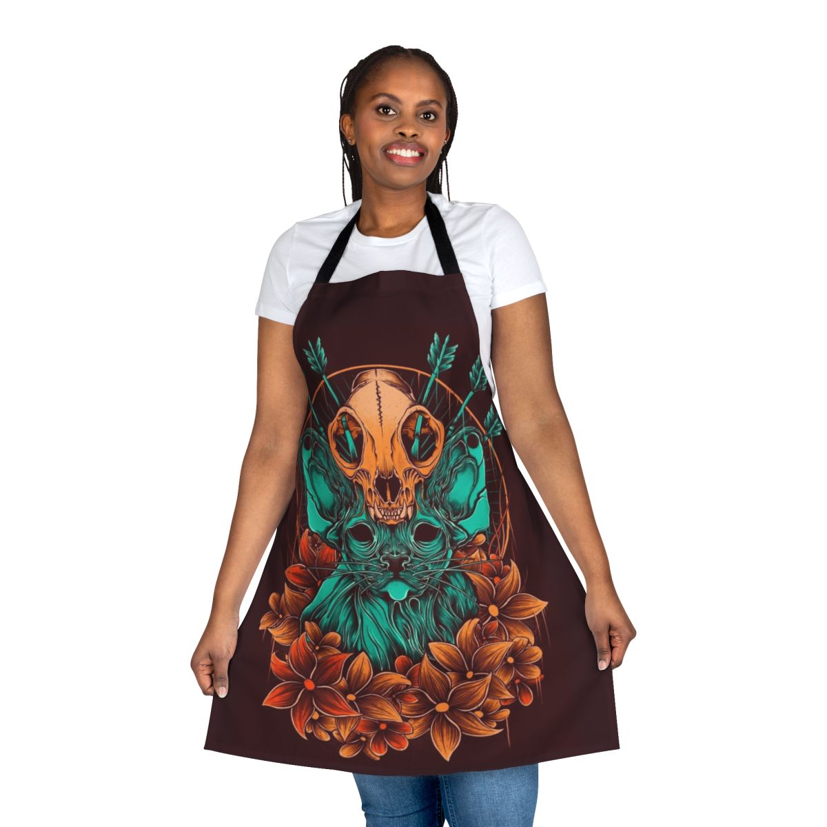 Sphynx cat wearing an apron with a skull design and autumn flowers