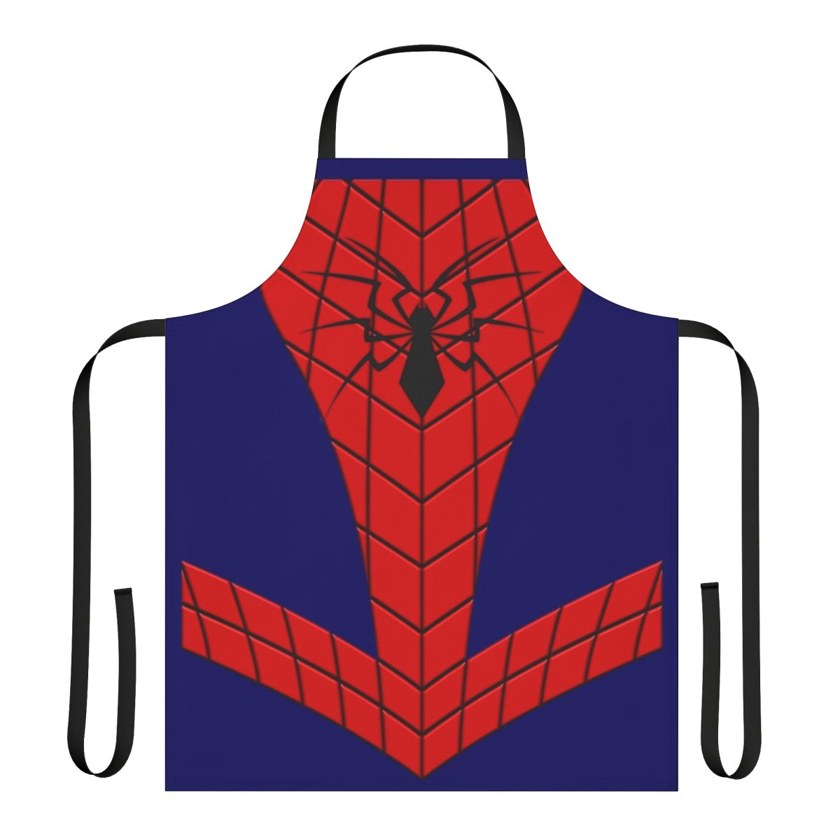 A vibrant red and blue spider-themed apron, perfect for Marvel fans and cosplay enthusiasts.