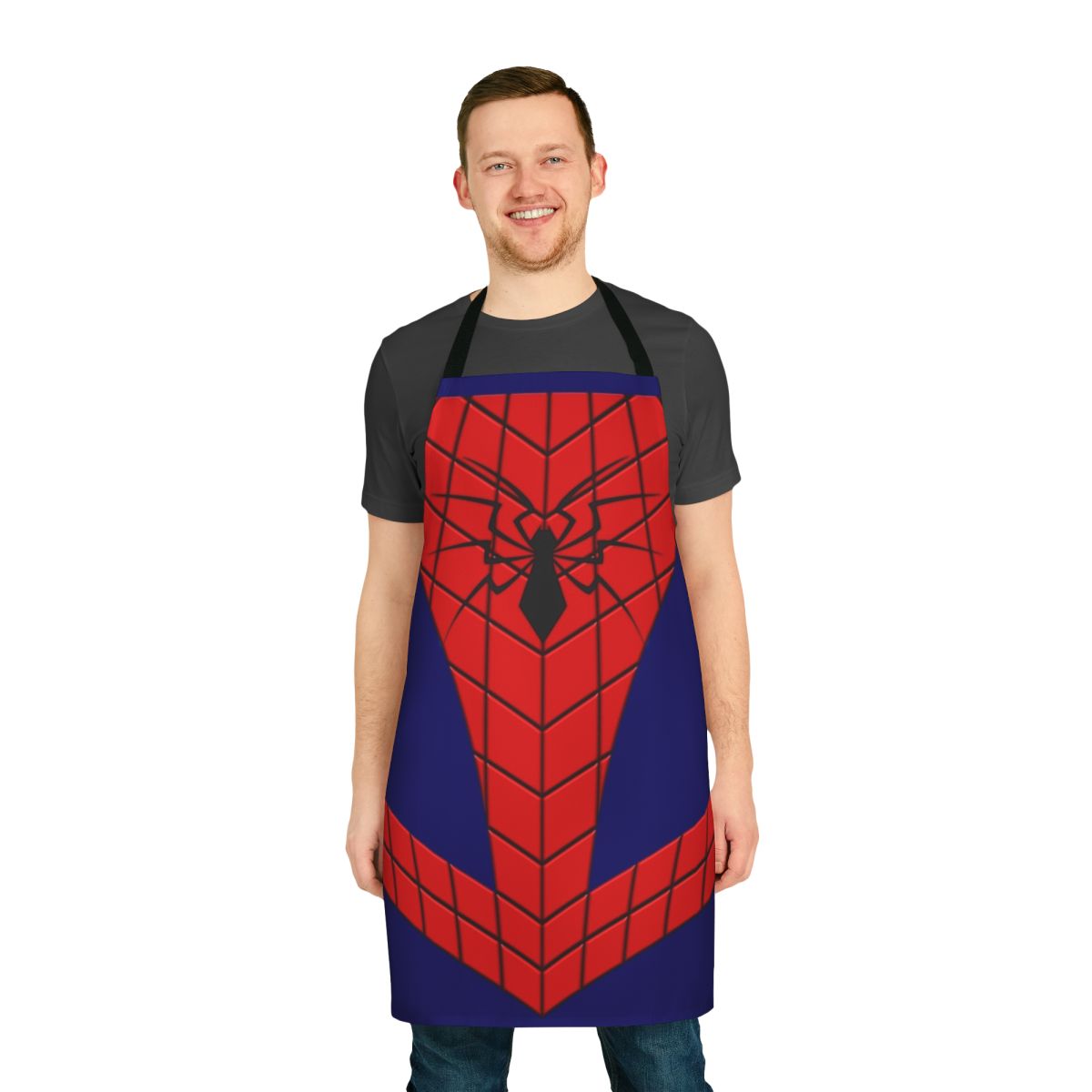 A vibrant red and blue spider-themed apron, perfect for Marvel fans and cosplay enthusiasts.
