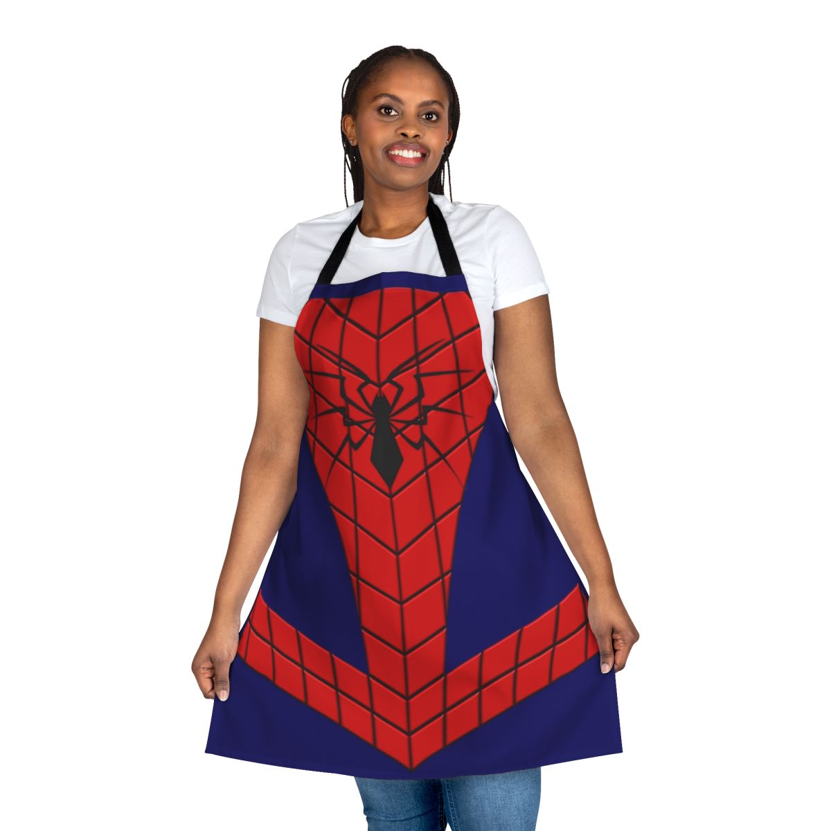A vibrant red and blue spider-themed apron, perfect for Marvel fans and cosplay enthusiasts.