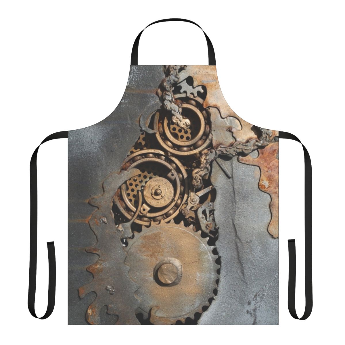 Steampunk-inspired apron featuring intricate gears and cogs in a rustic, industrial design