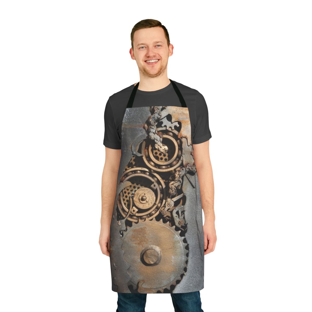 Steampunk-inspired apron featuring intricate gears and cogs in a rustic, industrial design