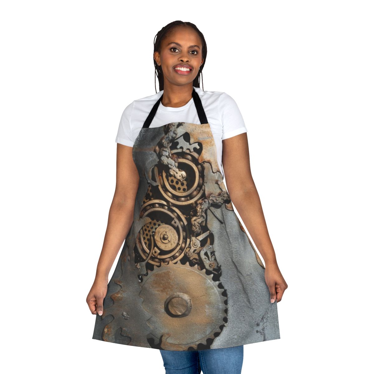 Steampunk-inspired apron featuring intricate gears and cogs in a rustic, industrial design