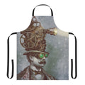 Steampunk-inspired vintage apron with a surreal, mechanical design featuring stars, moustaches, and other whimsical elements.