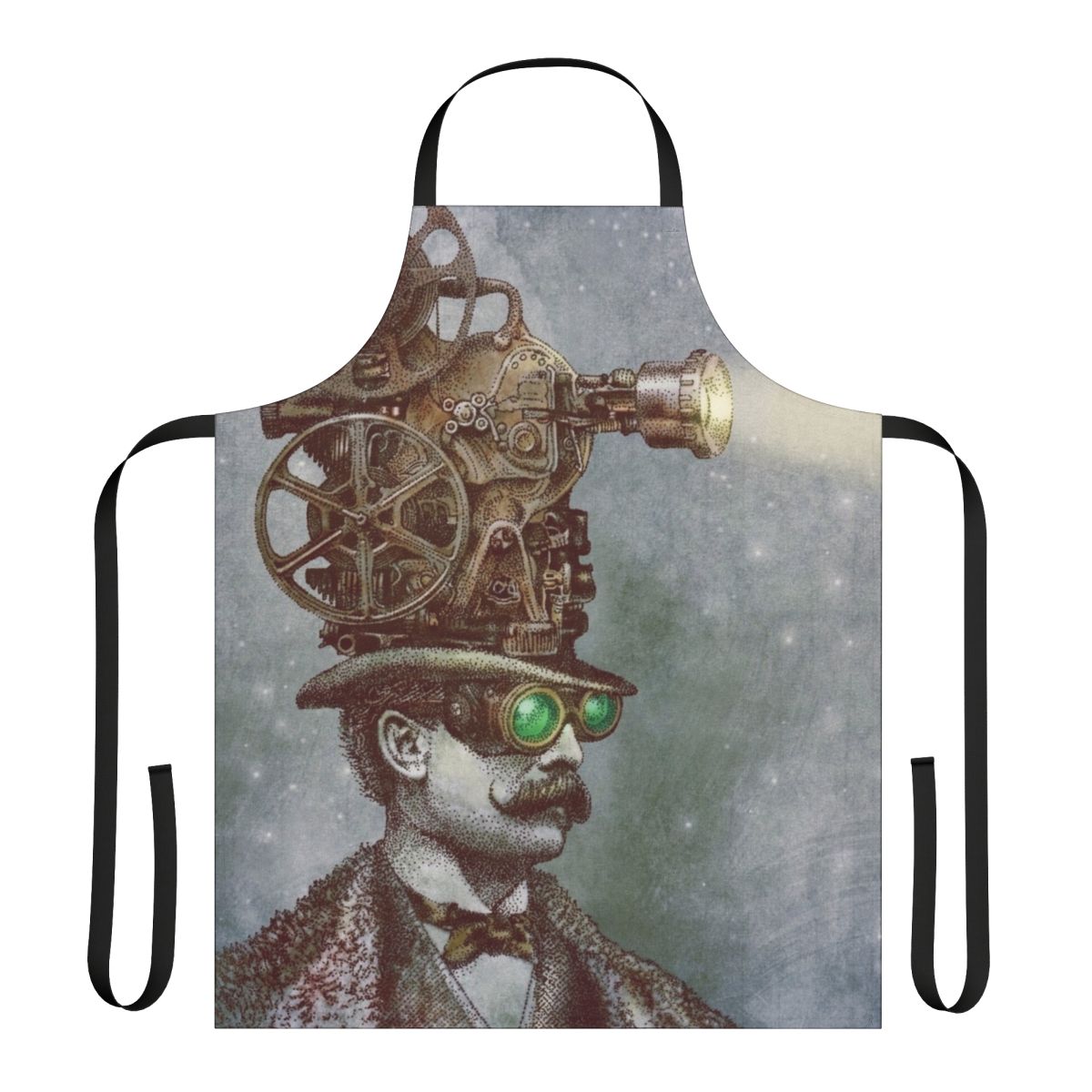 Steampunk-inspired vintage apron with a surreal, mechanical design featuring stars, moustaches, and other whimsical elements.