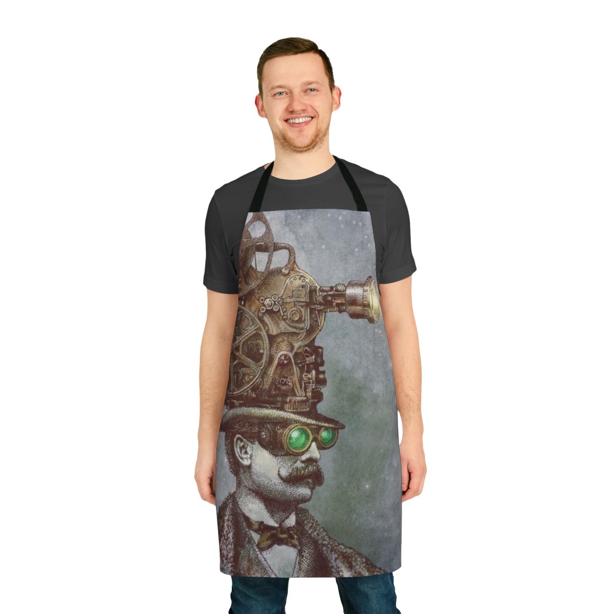 Steampunk-inspired vintage apron with a surreal, mechanical design featuring stars, moustaches, and other whimsical elements.