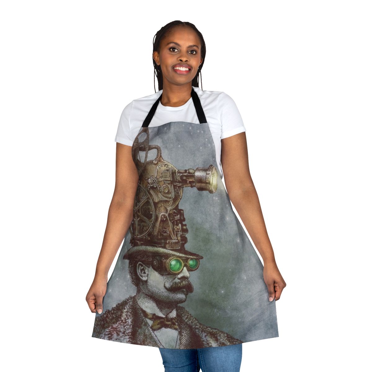 Steampunk-inspired vintage apron with a surreal, mechanical design featuring stars, moustaches, and other whimsical elements.