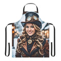 A steampunk-style apron featuring a winter wonderland design with snow, metallic elements, and a festive aesthetic.