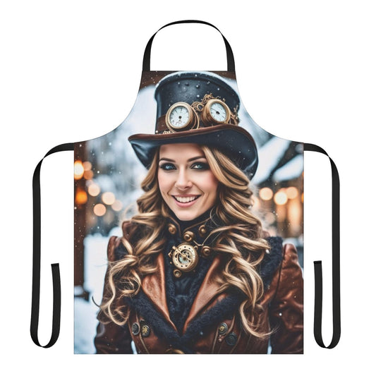 A steampunk-style apron featuring a winter wonderland design with snow, metallic elements, and a festive aesthetic.